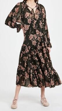 Free People Feeling Groovy Maxi Dress S Green Pink Floral Chiffon Tiered Boho